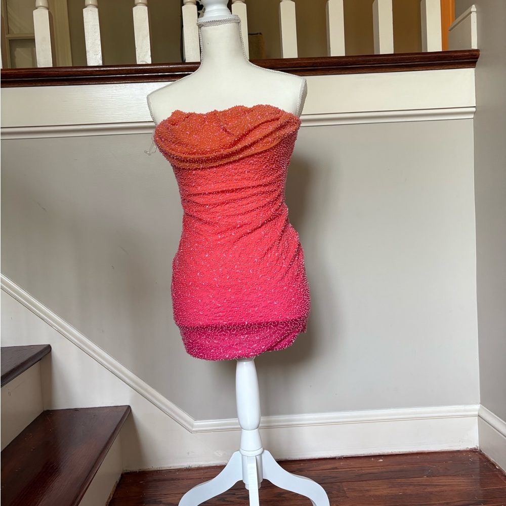 Elegant Orange and Pink Strapless Dress